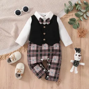 Baby Boy Plaid Bow Tie Waistcoat Faux-two Long-sleeve Jumpsuit Party Outfit #807651