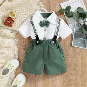 Baby Boy Short-sleeve Party Outfit Gentle Bow Tie Shirt and Suspender Shorts Set #199108