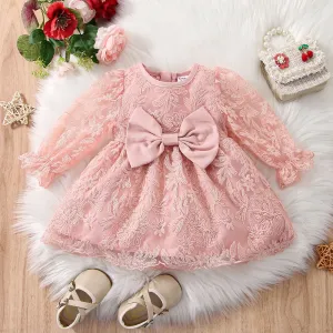 Baby Girl Bow Front Pink Lace Long-sleeve Party Dress #784284