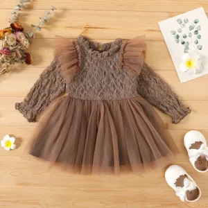Baby Girl Coffee Lace Long-sleeve Spliced Ruffle Trim Mesh Party Dress #807524