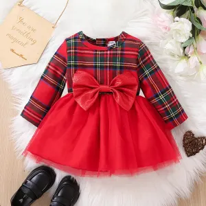 Baby Girl Red Plaid Long-sleeve Spliced Bow Front Mesh Party Dress #831231