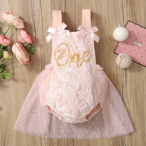 Baby Pink Floral Lace and Mesh Splicing Sleeveless Letter Romper Party Dress #719850