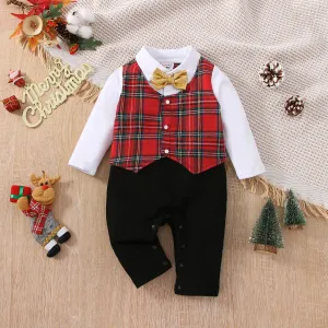 Christmas Baby Boy 95% Cotton Gentleman Bow Tie Red Plaid Long-sleeve Faux-two Jumpsuit Party Outfits #833374