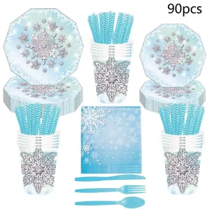 Snowflake Themed Birthday Party Decoration Set with Snow Castle Paper Plates, Cups, Napkins, and Straws