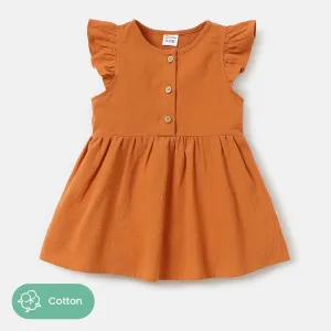 Baby/Toddler Girl 100% Cotton Solid Color Button Design Flutter-sleeve Dress #871358