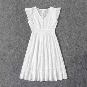 100% Cotton White Hollow-Out Floral Embroidered Ruffle Sleeveless Dress for Mom and Me #769093