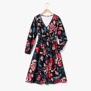 All Over Floral Print Cross Wrap V Neck Belted Long-sleeve Dress for Mom and Me #1081257