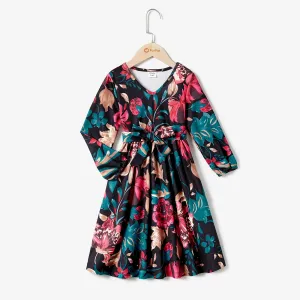 All Over Floral Print Cross Wrap V Neck Belted Long-sleeve Dress for Mom and Me #1081265