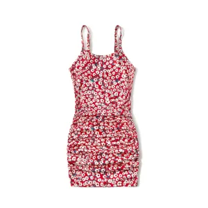All Over Red Floral Print Spaghetti Strap Drawstring Ruched Bodycon Dress for Mom and Me #769203