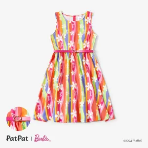 Barbie Mommy and Me Rainbow Creative Stripe Print Graphic Belt Dress #1319294