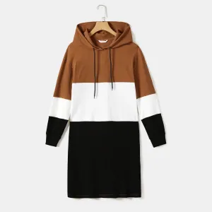 Colorblock Long-sleeve Drawstring Hoodie Knitted Dress for Mom and Me #1067079