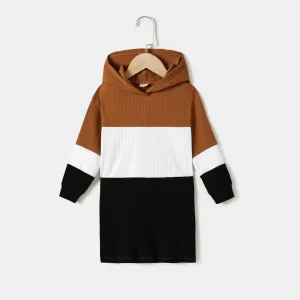 Colorblock Long-sleeve Drawstring Hoodie Knitted Dress for Mom and Me #1067083