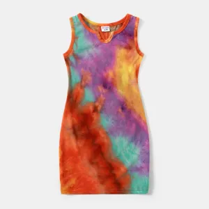 Colorful Tie Dye Bodycon Sleeveless Tank T-shirt Dress for Mom and Me #768929