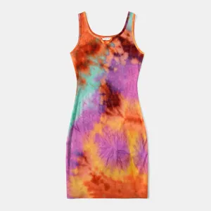 Colorful Tie Dye Bodycon Sleeveless Tank T-shirt Dress for Mom and Me #768935