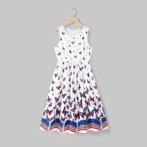 Independence Day Mommy and Me Allover Butterfly Print Sleeveless Dresses #1033019