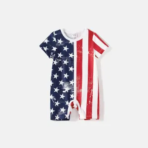 Independence Day Mommy and Me Star & Striped Print Spliced Off Shoulder Short-sleeve Bodycon Dresses