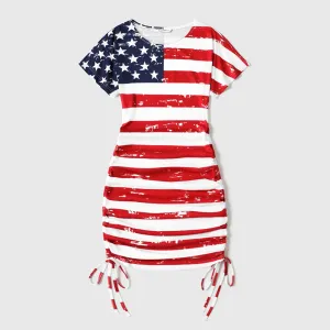 Independence Day Mommy and Me Star & Striped Spliced Short-sleeve Drawstring Ruched Bodycon T-shirt Dresses #899271