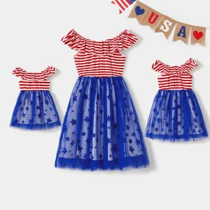 Independence Day Mommy and Me Striped Off Shoulder Ruffled Sleeveless Star Print Lined Mesh Dresses