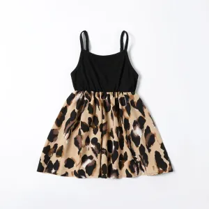 Leopard Print Splice Black Sling Dresses for Mommy and Me #1261477