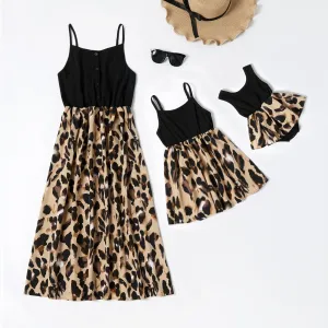 Leopard Print Splice Black Sling Dresses for Mommy and Me #191150