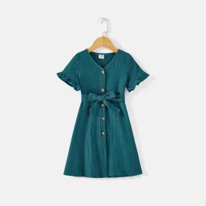Mommy and Me 100% Cotton Button Front Solid V Neck Ruffle-sleeve Belted Dresses