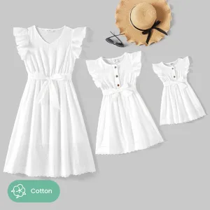 Mommy and Me 100% Cotton Solid Textured Flutter-sleeve Belted Dresses #906845