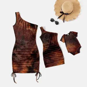 Mommy and Me 95% Cotton Brown Tie Dye One Shoulder Sleeveless Drawstring Ruched Bodycon Dresses #855134