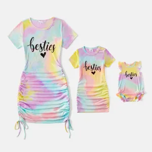 Mommy and Me 95% Cotton Short-sleeve Letter Print Tie Dye Drawstring Ruched Bodycon T-shirt Dresses #234969