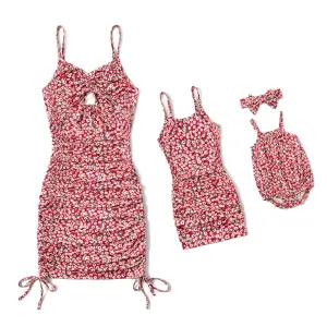 Mommy and Me Allover Floral Print Drawstring Ruched Bodycon Cami Dresses