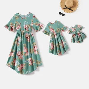 Mommy and Me Allover Floral Print Ruffle Half-sleeve Dresses #229434