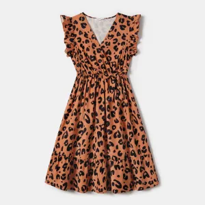 Mommy and Me Allover Leopard Print Bow Side Decor Flutter-sleeve Wrap Dresses #1051392