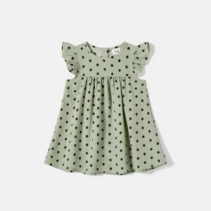 Mommy and Me Allover Polka Dots Print Flutter-sleeve Belted Dresses #1056566