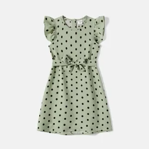 Mommy and Me Allover Polka Dots Print Flutter-sleeve Belted Dresses #1056568