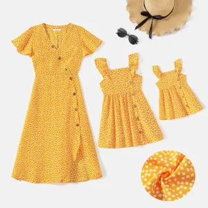 Mommy and Me Allover Print Yellow Ruffle-sleeve Button Front Dresses #883616
