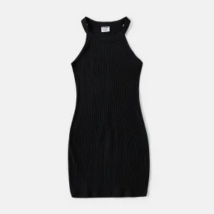 Mommy and Me Black Cotton Ribbed Halter Bodycon Dresses #232262