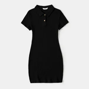 Mommy and Me Black Polo Neck Short-sleeve Dresses #1043286