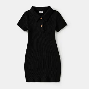 Mommy and Me Black Polo Neck Short-sleeve Dresses #1043292