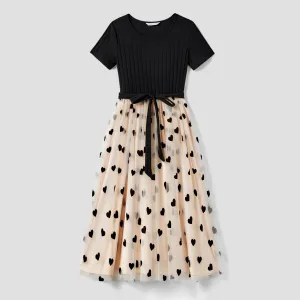Mommy and Me Black Top Spliced Heart Pattern Mesh Dresses #1318632