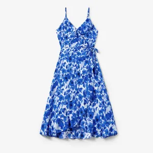 Mommy and Me Blue Floral Wrap Front Flounce Trim Strap Dress #1331882