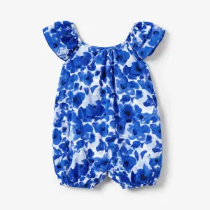 Mommy and Me Blue Floral Wrap Front Flounce Trim Strap Dress #1331886
