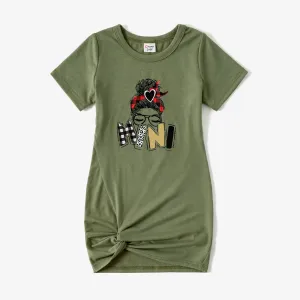 Mommy and Me Characters Letter Print Army Green Short-sleeve Twist Knot T-shirt Dress for Mom and Me #769239