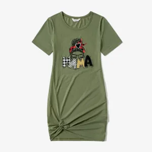 Mommy and Me Characters Letter Print Army Green Short-sleeve Twist Knot T-shirt Dress for Mom and Me #769241