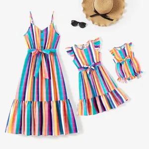 Mommy and Me Colorful Striped Sleeveless Belted Dresses #777156