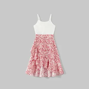 Mommy and Me Cotton Ribbed Spliced Floral Print Ruffle Trim Tulip Hem Cami Dresses #1032305
