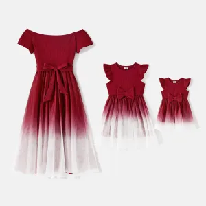 Mommy and Me Cotton Ribbed Spliced Ombre Mesh Dresses #904649