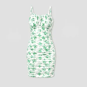 Mommy and Me Green Floral Ruched Bodycon Strap Dress or Spliced Mesh Strap Dress #1332020