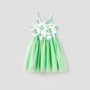 Mommy and Me Green Floral Ruched Bodycon Strap Dress or Spliced Mesh Strap Dress #1332031