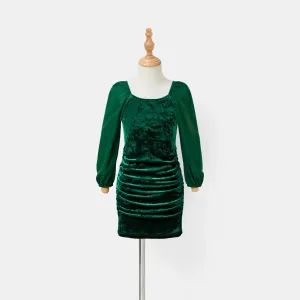 Mommy and Me Green Solid Velvet Long-sleeve Drawstring Bodycon Dresses #1074876