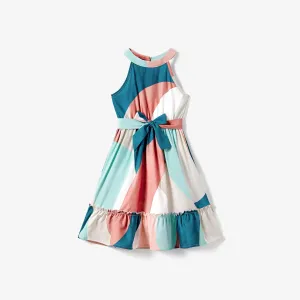 Mommy and Me Multi-Color High Neck Halter Ruffle Hem Belted Dress #1322589