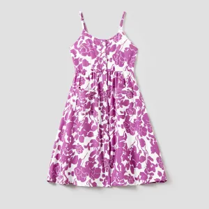 Mommy and Me Purple Floral Button Up Strap Dresses with Pockets #1329299